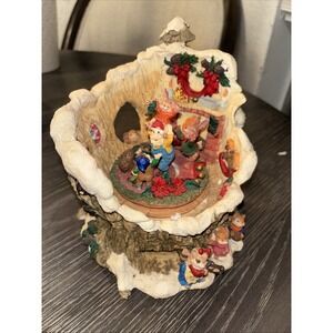 Vintage Music Box Ceramic Santa/elf/rabbits in tree spinning Plays Melody
